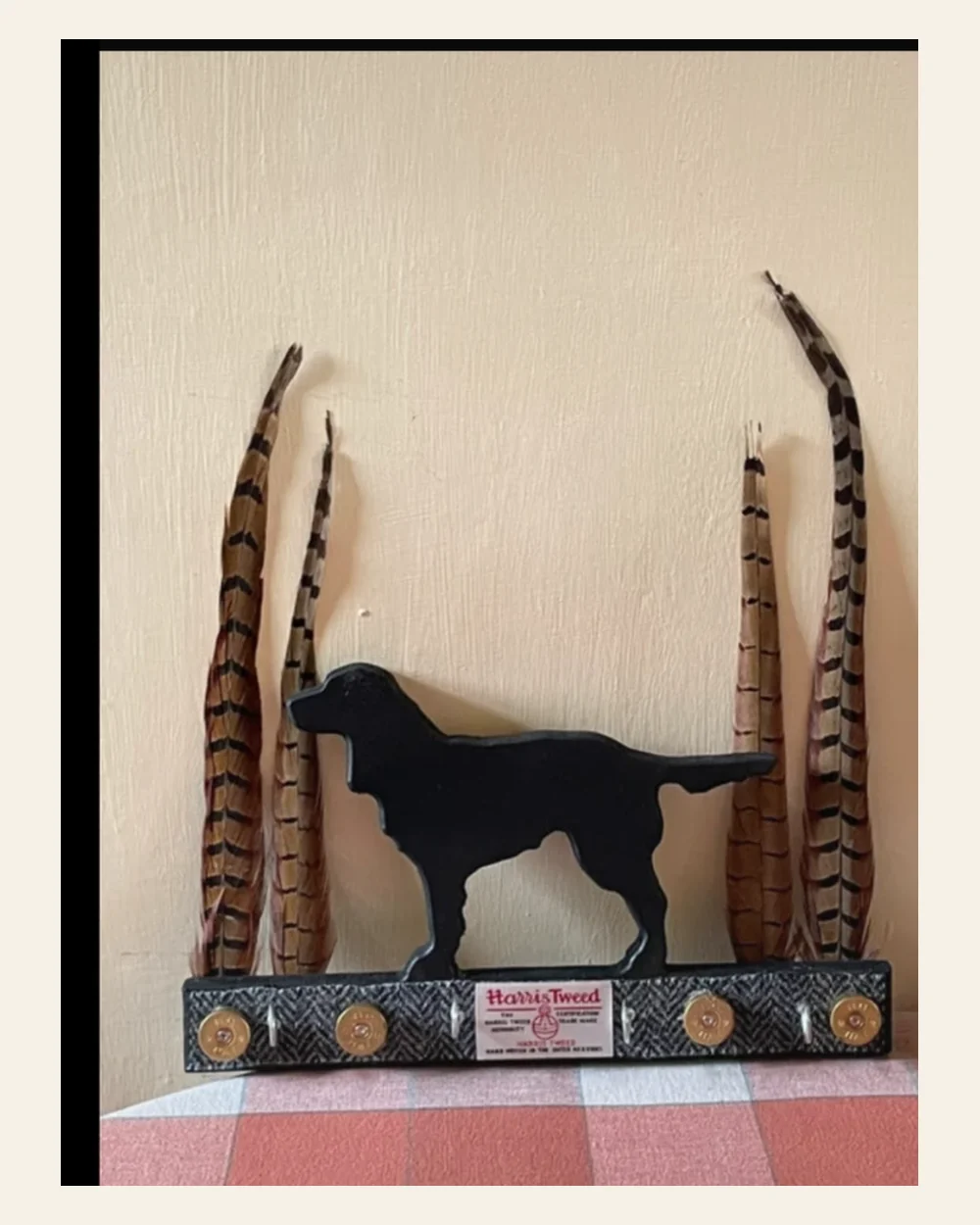 Handmade country gundog key holder with feathers and tweed detailing